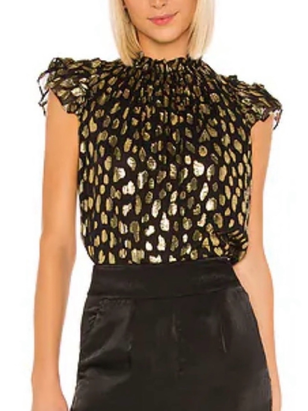 Rebecca Taylor black gold metallic leopard dot flutter sleeve blouse top S